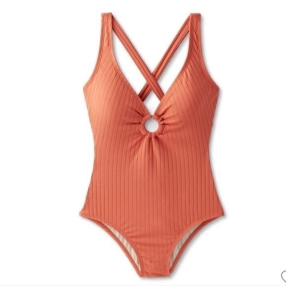 Kona Sol Womens Wide Ribbed Ring Medium One Piece Swimsuit Apricot Orange